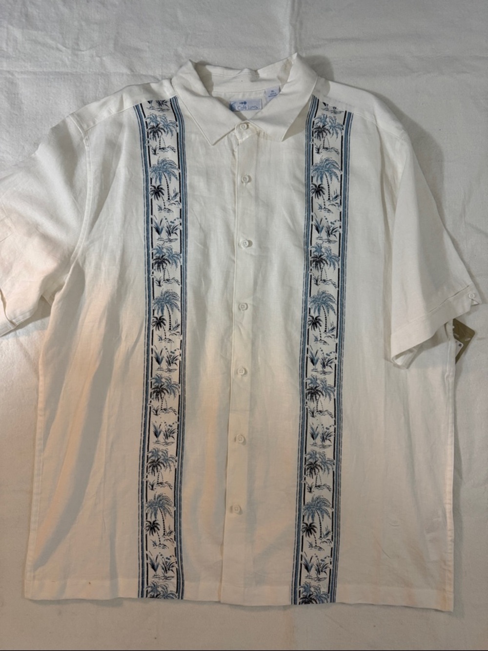 Men's White Short-Sleeve Button-Up Shirt with Blue Palm Stripe